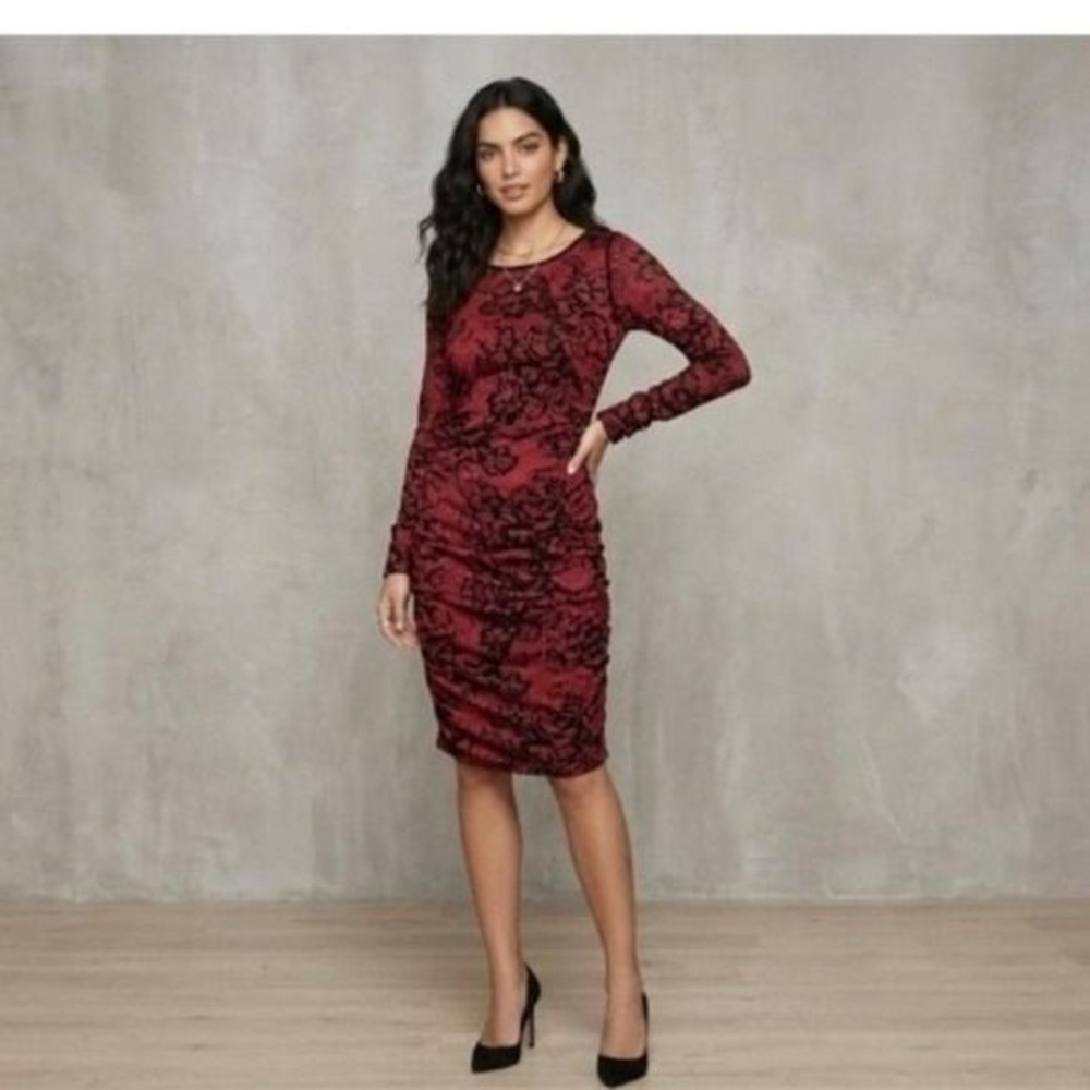 Express Pink Black Lace Print Ruched Long Sleeve Bodycon Midi Dress NWT